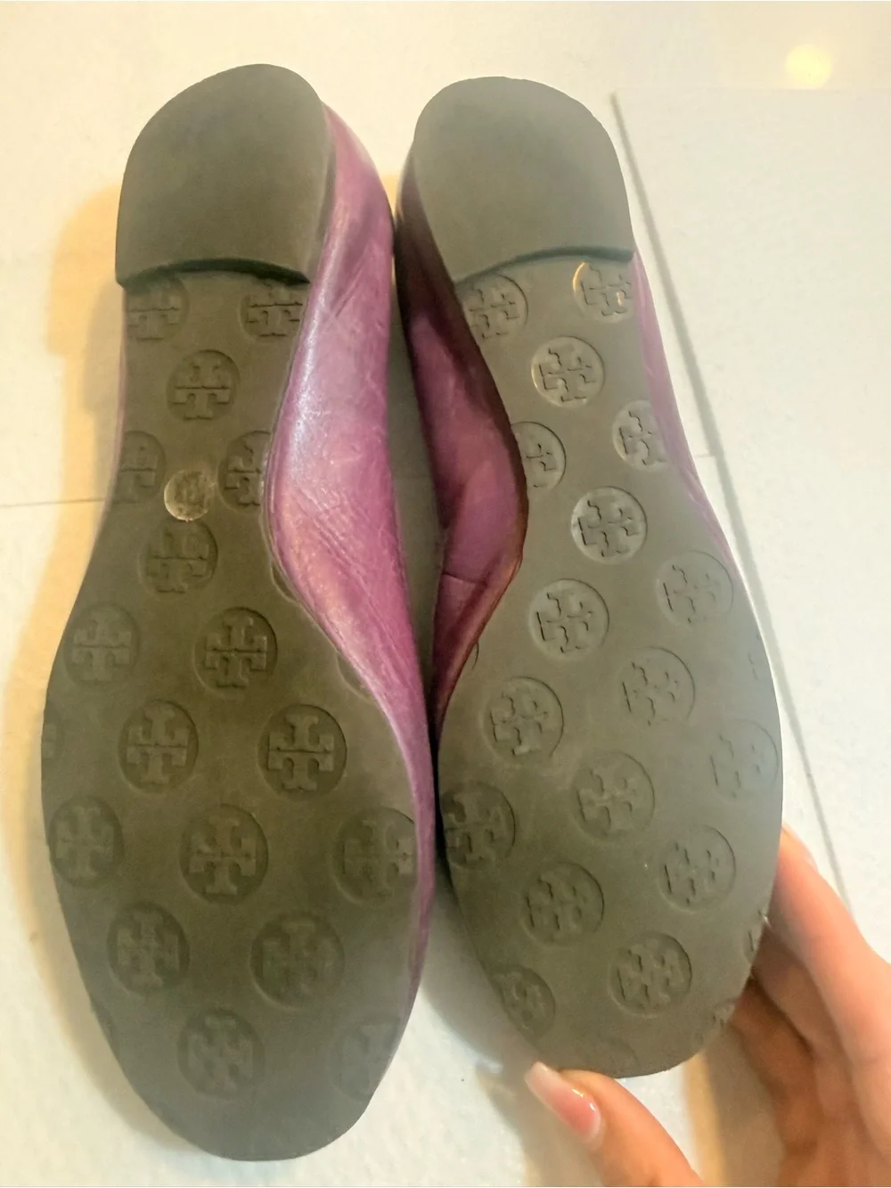 Tory Burch Plum Leather Logo Ballet Flats with Gold Medallions